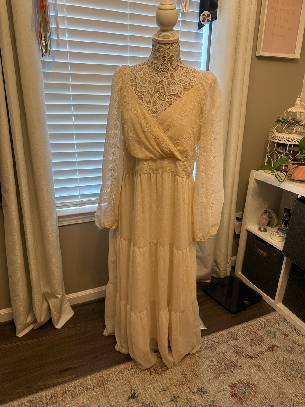 SHEIN Cream Lace Tiered Maxi Dress with Long Sleeves